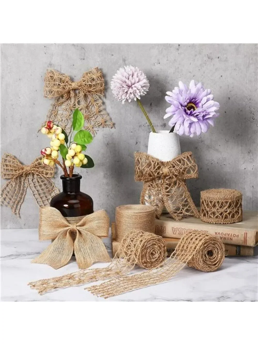 Burlap Ribbon 4 Rolls Natural Jute Lace 2 Inch x 16 Yards for Crafts Wedding Dec